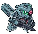  chibi clenched_hand commission glowing green_eyes gun gundam gundam_lfrith_pre-production_model gundam_suisei_no_majo highres holding holding_gun holding_weapon mecha mobile_suit no_humans pillar_buster robot sd_gundam solo weapon white_background 