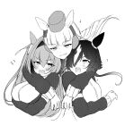  3girls :d animal_ears bangs blush breasts commentary_request cropped_torso daiwa_scarlet_(umamusume) ear_bow ear_covers eighth_note fang floating_hair gold_ship_(umamusume) greyscale hair_between_eyes hair_intakes hair_over_one_eye hat highres horse_ears hug hug_from_behind jacket large_breasts long_hair long_sleeves mini_hat monochrome multicolored_hair multiple_girls musical_note poco. puffy_long_sleeves puffy_sleeves smile track_jacket twintails two-tone_hair umamusume upper_body v-shaped_eyebrows very_long_hair vodka_(umamusume) 