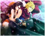  1boy 1girl arms_around_waist ayanneo bare_shoulders black_hair blonde_hair blue_eyes boots cherry_blossoms cloud_strife cowboy_boots cowboy_hat crop_top final_fantasy final_fantasy_vii fingerless_gloves gloves ground_vehicle hat long_hair motor_vehicle motorcycle outdoors petals red_eyes riding tifa_lockhart tree vest 