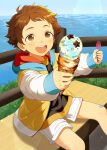  1boy akari-chan_(e) bandaid bandaid_on_leg bench blue_sky brown_eyes brown_hair child commentary_request feet_out_of_frame food grass highres holding holding_spoon horizon ice_cream ice_cream_cone incoming_food incoming_gift jacket looking_at_viewer male_child male_focus ocean open_mouth original outdoors park sea_sparkle short_hair shorts sitting sky smile solo spoon teeth upper_teeth water 