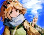  1other androgynous blue_scarf blue_sky closed_mouth commentary_request eyebrows_hidden_by_hair hairband hand_up hemo_(hemoroda) japanese_clothes len&#039;en long_sleeves orange_eyes orange_hair red_hairband scarf sky smile solo zuifeng_tenkai 