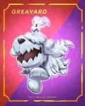 animal_focus character_name commentary dog fang fire flame framed full_body greavard grey_fur highres kelvin-trainerk no_humans open_mouth pokemon pokemon_(creature) purple_fire skin_fang solo tongue twitter_username 
