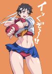  1girl abs absurdres black_hair boxing_gloves fingerless_gloves gloves hairband highres kasugano_sakura looking_to_the_side makinaru open_mouth orange_background red_gloves ribbon school_uniform serafuku short_hair simple_background skirt smile solo sports_bra sportswear stomach street_fighter vest violet_eyes 