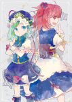  2girls :d asymmetrical_hair back-to-back blue_eyes blue_headwear blue_vest closed_mouth crossed_arms feet_out_of_frame green_hair hair_bobbles hair_ornament inuinui long_sleeves looking_at_viewer multiple_girls onozuka_komachi open_mouth red_eyes redhead shiki_eiki short_hair simple_background smile standing star_(symbol) touhou two_side_up vest white_background 