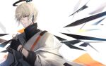  1boy angel arknights birb_b304 bishounen black_gloves blue_eyes earpiece executor_(arknights) fingerless_gloves gloves halo looking_at_viewer male_focus mechanical_halo shirt short_hair simple_background solo upper_body white_background white_hair white_shirt wings 