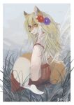  1girl blonde_hair blue_eyes blush body_fur bright_pupils brown_eyes commission fang fang_out flower fox_girl fox_tail from_behind furry furry_female grass hair_flower hair_ornament hakama hakama_skirt heterochromia highres japanese_clothes long_hair miko misotsuki_ayabe orange_fur original purple_flower red_flower red_skirt sitting skeb_commission skin_fang skirt smile snout socks soles solo tail white_pupils white_socks 