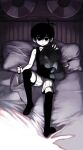  1boy alfalfa_juice black_eyes black_hair black_thighhighs closed_mouth collarbone colored_skin expressionless highres holding holding_knife holding_stuffed_toy indoors knife lifebuoy looking_at_viewer omori omori_(omori) on_bed short_hair shorts sitting solo spoilers stuffed_toy tank_top thigh-highs white_skin 
