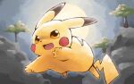  :3 animal_focus backlighting blush_stickers commentary_request derigoo full_body full_moon grey_sky jumping moon moonlight no_humans open_mouth orange_eyes outdoors pikachu pokemon pokemon_(creature) solo tree v-shaped_eyebrows 