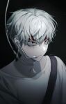  1boy alien_stage bangs black_eyes blood blood_on_face cable choker eungo grey_hair hair_between_eyes headset highres korean_commentary looking_ahead male_focus portrait sanpaku shirt short_hair solo till_(alien_stage) v-shaped_eyes white_choker white_shirt 