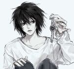  1boy bags_under_eyes black_eyes black_hair death_note evl_1230 hair_between_eyes holding korean_commentary l_(death_note) long_sleeves male_focus pale_skin shirt short_hair sitting solo watch watch white_background white_shirt 