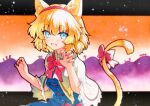  1girl alice_margatroid animal_ears blonde_hair blue_dress blue_eyes blush capelet cat_ears cat_tail dress fang hairband highres open_mouth qqqrinkappp red_hairband short_hair skin_fang smile solo tail touhou traditional_media upper_body white_capelet 