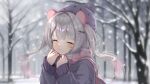  1girl ^_^ absurdres animal_ears bangs bare_tree beanie blurry blurry_background blush clenched_hands closed_eyes closed_mouth coat commission eunip fake_animal_ears grey_background grey_hair grey_sky hat highres long_hair original outdoors pink_scarf plaid plaid_scarf purple_coat scarf shiny shiny_hair smile snow snowing standing tree twintails winter 