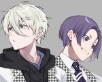  2boys absurdres bangs blonde_hair blue_lock brown_eyes collared_shirt grey_background grin hair_between_eyes highres hood hood_down houndstooth jacket looking_away looking_to_the_side male_focus mikage_reo multiple_boys nagi_seishirou necktie pepupapipooo portrait purple_hair purple_necktie shirt short_hair simple_background smile violet_eyes 