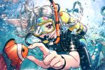  1girl 2022 bodysuit braid braided_ponytail bubble clownfish diving_mask diving_suit goggles grey_hair hayosena highres long_hair original red_eyes scuba_gear scuba_tank single_braid snorkel snorkel_in_mouth solo underwater water wetsuit 
