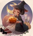  1girl artist_name black_cape black_footwear black_hair black_headwear blush brown_eyes cake candle cape crescent_moon food halloween halloween_costume hat kantai_collection kurahashi_(kancolle) long_sleeves medium_hair moon pantyhose red_pantyhose shoes signature solo twintails witch_hat wss_(nicoseiga19993411) 
