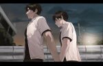  2boys black_border black_hair black_shirt blush border clouds cloudy_sky collared_shirt evening expressionless from_below grin holding_hands huh_1222 kim_dokja korean_commentary lamppost male_focus multiple_boys omniscient_reader&#039;s_viewpoint school_uniform shirt short_hair short_sleeves sky smile sweatdrop yoo_joonghyuk 