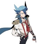  1boy bangs belt black_gloves black_pants blue_cape blue_eyes blue_hair cape commentary_request epaulettes fingerless_gloves gloves grimsley_(pokemon) hand_on_hip holding holding_poke_ball male_focus momoji_(lobolobo2010) official_alternate_costume pants pointy_hair poke_ball poke_ball_(basic) pokemon pokemon_(game) pokemon_masters_ex red_belt shirt simple_background smile solo white_background 