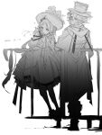  1boy 1girl absurdres arknights boots closed_mouth dated dongsheng dress greyscale hat highres irene_(arknights) jacket looking_away looking_to_the_side lumen_(arknights) monochrome monocle pointy_ears simple_background standing white_background 