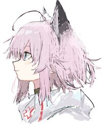  1girl absurdres ahoge animal_ear_fluff animal_ears arknights bangs blue_eyes blush closed_mouth from_side hair_between_eyes highres jacket mochi_232310 pink_hair profile simple_background sketch solo sussurro_(arknights) white_background white_jacket 