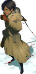  1boy absurdres black_eyes black_footwear black_hair blood blood_in_mouth blood_on_weapon brown_gloves coat dark-skinned_male dark_skin gloves golden_kamuy highres holding holding_sword holding_weapon katana koito_otonoshin outdoors standing sword weapon white_background zingai_sanx 