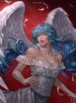  1girl angel_wings artist_name bare_shoulders blue_eyes blue_hair breasts choker dress earrings feathers highres jewelry korean_commentary long_hair medium_breasts no_on_(no_oooo_on) original parted_lips red_background solo upper_body white_dress white_wings wings 