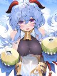  1girl ahoge bangs bare_shoulders bell black_leotard black_pantyhose blue_hair blue_nails blush breasts clouds cloudy_sky coconut coconut_cup covered_nipples cowbell drink drinking_straw duplicate ganyu_(genshin_impact) genshin_impact goat_horns hair_between_eyes highres holding holding_drink horns large_breasts leotard long_hair looking_at_viewer neck_bell pantyhose pixel-perfect_duplicate sideboob skindentation sky smile violet_eyes vision_(genshin_impact) waterringart 