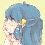  1girl blue_eyes blue_hair bracelet closed_mouth crying crying_with_eyes_open hair_ornament half_updo hands_up hikari_(pokemon) jewelry katiko no_headwear pokemon pokemon_(game) pokemon_dppt simple_background smile solo tears upper_body yellow_background 