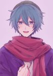  1boy :d aqua_eyes aqua_hair bangs beanie blush green_headwear hair_between_eyes hand_on_own_chest hat hiyori_sou jacket kimi_ga_shine looking_at_viewer male_focus open_clothes open_jacket open_mouth portrait purple_jacket red_scarf scarf simple_background smile solo straight-on uououoon 