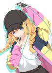  1girl arm_up baseball_cap black_headwear black_shorts blonde_hair blush braid cellphone earphones earphones hand_up hat highres holding holding_phone jacket long_hair long_sleeves mikokomiyazawa open_clothes open_jacket paripi_koumei parted_lips phone shirt shirt_tucked_in shorts sidelocks smartphone smile solo tsukimi_eiko twin_braids upper_body v white_shirt 