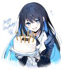  1girl ado_(singer) bangs birthday birthday_cake black_hair black_suit blue_eyes blue_flower blue_hair blue_rose cake colored_inner_hair dark_blue_hair flower food formal gloves happy_birthday highres long_hair mole mole_under_eye multicolored_hair niconico noyu_(noyu23386566) open_mouth real_life rose smile suit utaite_(singer) white_gloves 