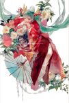  1girl 2017 bangs bird blue_eyes blue_hair covering_mouth dress flower hair_ornament hatsune_miku highres holding_own_wrist long_hair painting_(medium) red_dress redum4 solo traditional_media umbrella very_long_hair vocaloid watercolor_(medium) white_background wide_sleeves 