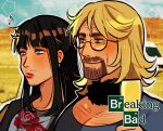  2boys black_hair blonde_hair blue_eyes breaking_bad brown_facial_hair commentary copyright_name cosplay crossdressing cup desert english_commentary facial_hair floral_print glasses green_eyes highres holding holding_cup huyandere jane_margolis jane_margolis_(cosplay) jesse_pinkman male_focus mature_male multiple_boys outdoors outline skyler_white skyler_white_(cosplay) walter_white white_outline 