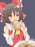  1girl 2022 ai_drawing_anime_characters_eating_ramen_(meme) bangs bow bowl bowtie brown_eyes brown_hair detached_sleeves eating food food_in_mouth grey_background hair_between_eyes hakurei_reimu highres holding holding_food japanese_clothes meme miko noodles open_mouth parody ramen solo soup steam suwaneko sweat touhou 