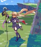 1girl ahoge artoria_caster_(fate) artoria_pendragon_(fate) bird blonde_hair blue_cape blue_eyes boots brown_gloves buttons cape castle day double-breasted dress english_commentary expressionless fate/grand_order fate_(series) gloves grass high_heel_boots high_heels highres holding holding_staff juliet_sleeves long_hair long_sleeves looking_at_viewer mandrew ocean outdoors ponytail puffy_long_sleeves puffy_sleeves purple_footwear ruins scenery seagull solo staff sunlight thigh-highs twintails water white_dress