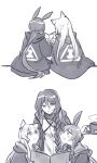 3girls :d amiya_(arknights) animal_ears arknights bangs blush braid cat_ears cloak closed_mouth cup doctor_(arknights) female_doctor_(arknights) greyscale hair_between_eyes holding holding_cup hood hood_up hooded_cloak hooded_jacket jacket kunogawa long_hair low_ponytail monochrome mug multiple_girls open_clothes open_jacket rabbit_ears rosmontis_(arknights) shirt simple_background single_braid sitting smile tape very_long_hair white_background