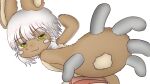  1other :3 androgynous anger_vein animal_ears closed_mouth furry grey_hair highres horizontal_pupils incoming_attack incoming_punch looking_at_viewer made_in_abyss meme motion_blur nanachi_(made_in_abyss) other_focus pepe_punch_(meme) punching short_hair simple_background smile smugbuns solo topless upper_body whiskers white_background yellow_eyes 
