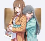  2girls bangs black_hair blunt_bangs blush brown_hair dessert drinking_straw flower food hair_flower hair_ornament highres holding holding_phone hug hug_from_behind idolmaster idolmaster_cinderella_girls kobayakawa_sae long_hair looking_at_another mizumoto_yukari mouth_hold multiple_girls neck_ribbon phone ribbon school_uniform straight_hair tag_(tf18080512_2) very_long_hair yuri 