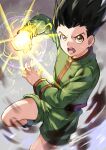  1boy black_hair brown_eyes gon_freecss green_hair green_jacket green_shorts hand_up highres hunter_x_hunter jacket long_sleeves looking_at_viewer male_focus nen_(hunter_x_hunter) short_hair shorts solo spiky_hair tomaton_(t_0) 