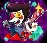  black_hair blood blue_pants child&#039;s_play chucky crossover deltarune glasses knife pants purple_background red_footwear shirt spamton_g._spamton striped striped_shirt undertale wanabougu 