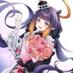  1girl :3 :d asymmetrical_gloves bangs black_gloves black_hair black_headwear blue_eyes blunt_bangs blush bouquet fang flower gloves gradient_hair hat hibi_(hibi_1516) holding holding_bouquet hololive hololive_english long_hair looking_at_viewer low_twintails mini_hat mismatched_gloves multicolored_hair ninomae_ina&#039;nis official_alternate_costume official_alternate_hairstyle orange_hair pointy_ears purple_hair sidelocks smile solo tentacle_hair tilted_headwear twintails two-tone_coat very_long_hair virtual_youtuber waving white_gloves 
