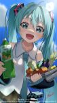  1girl :d absurdres ahoge bangs black_skirt black_sleeves blue_eyes blue_hair blue_nails blue_necktie blue_sky bottle bowl carrot clouds collarbone collared_shirt commentary_request day detached_sleeves eggplant english_text food fruit hair_between_eyes hair_intakes hatsune_miku highres holding holding_bottle holding_bowl lemon lettuce long_hair long_sleeves looking_at_viewer nail_polish necktie outdoors pleated_skirt poppippoo_(vocaloid) shirt signature skirt sky sleeveless sleeveless_shirt sleeves_past_wrists smile solo spring_onion tatyaoekaki tomato twintails very_long_hair vocaloid watermark white_shirt wide_sleeves 