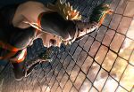  1boy absurdres bakugou_katsuki bare_shoulders blonde_hair blurry boku_no_hero_academia chain-link_fence clouds cloudy_sky covered_face crying depth_of_field detached_sleeves fence gloves head_down highres leaning_forward male_focus mitsuru_mtmt open_mouth outdoors outstretched_arms perspective sad sidelighting sky sobbing solo spiky_hair star_(sky) streaming_tears tears teeth toned toned_male twilight two-tone_gloves wire wrist_guards 