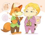  ... 0_0 2016 :3 animal_ears blonde_hair blue_eyes blush blush_stickers chibi closed_mouth collared_shirt colored_sclera crossover disney eye_contact floral_print formal fox fox_ears fox_tail furry green_eyes green_footwear green_shirt hawaiian_shirt hyaku_(g-kawayusu) jacket jojo_no_kimyou_na_bouken killer_queen kira_yoshikage looking_at_another male_focus multiple_boys necktie nick_wilde one_eye_closed orange_fur pants purple_jacket purple_pants scared shirt signature simple_background star_(symbol) striped striped_shirt suit tail talking translation_request vertical-striped_shirt vertical_stripes yellow_sclera zootopia 