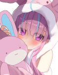  1girl blush holding holding_stuffed_toy hood hoodie long_hair looking_at_viewer minato_aqua pink_hoodie purple_hair saki_(saki_paint) stuffed_animal stuffed_bunny stuffed_toy violet_eyes virtual_youtuber 