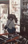  1girl absurdres black_shirt black_shorts black_socks brown_hair chinese_commentary commentary_request feet_out_of_frame from_behind highres layered_shirt long_sleeves original shirt shorts socks solo thigh_strap tuoer-sg twintails vending_machine white_shirt 