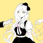  1girl bangs belt bow bowtie braid collared_shirt commentary_request cowboy_shot danganronpa_(series) danganronpa_2:_goodbye_despair dress dress_shirt dudeoji_(dotheg_ansoni) hair_bow hand_up highres holding holding_ribbon long_hair looking_at_viewer parted_lips pink_ribbon puffy_short_sleeves puffy_sleeves ribbon shirt short_sleeves simple_background solo_focus sonia_nevermind spot_color teeth yellow_background yellow_eyes 