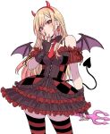  1girl absurdres bare_shoulders black_dress blonde_hair blush brown_dress checkered_clothes checkered_dress demon_horns demon_tail demon_wings dress earrings fingerless_gloves fingernails frilled_dress frills gloves highres horns jewelry kitagawa_marin long_fingernails multicolored_clothes multicolored_dress necktie red_dress red_eyes solo sono_bisque_doll_wa_koi_wo_suru striped striped_thighhighs tail thigh-highs wings yamashita_shun&#039;ya 