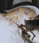  1boy 2022 artist_name au_(d_elite) bangs black_gloves black_shirt blonde_hair collared_shirt fedora gloves hat looking_at_viewer luca_kaneshiro nijisanji nijisanji_en shirt skull smile solo teeth violet_eyes virtual_youtuber 