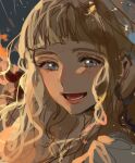  1girl bangs berserk blonde_hair commentary contemporary farnese_(berserk) korean_commentary kuzuvine long_hair looking_at_viewer open_mouth parted_lips smile solo 