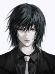  1boy bangs black_hair black_suit collared_shirt death_note evl_1230 expressionless formal highres korean_commentary male_focus medium_hair mikami_teru necktie pale_skin portrait red_eyes shirt solo suit white_background white_necktie 